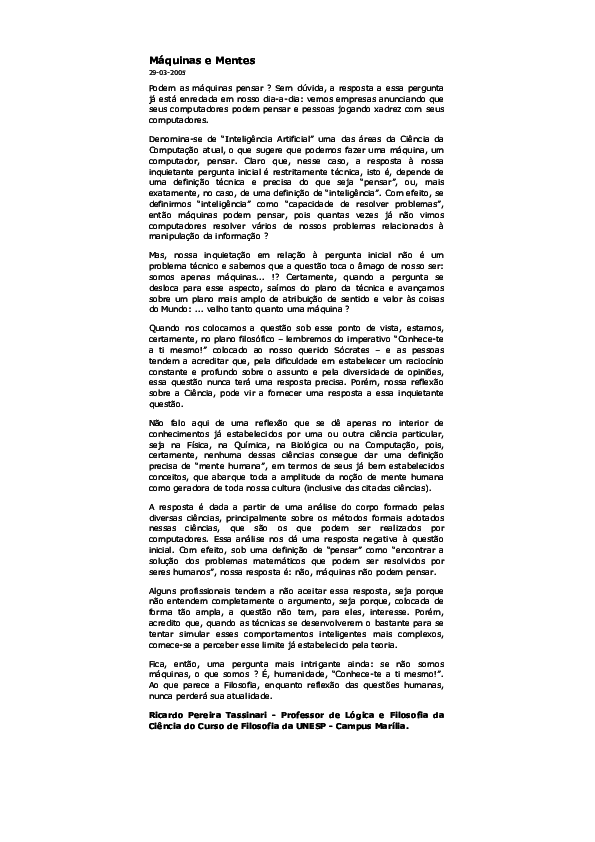 First page of “(Artigo de Jornal) Máquinas e Mentes”