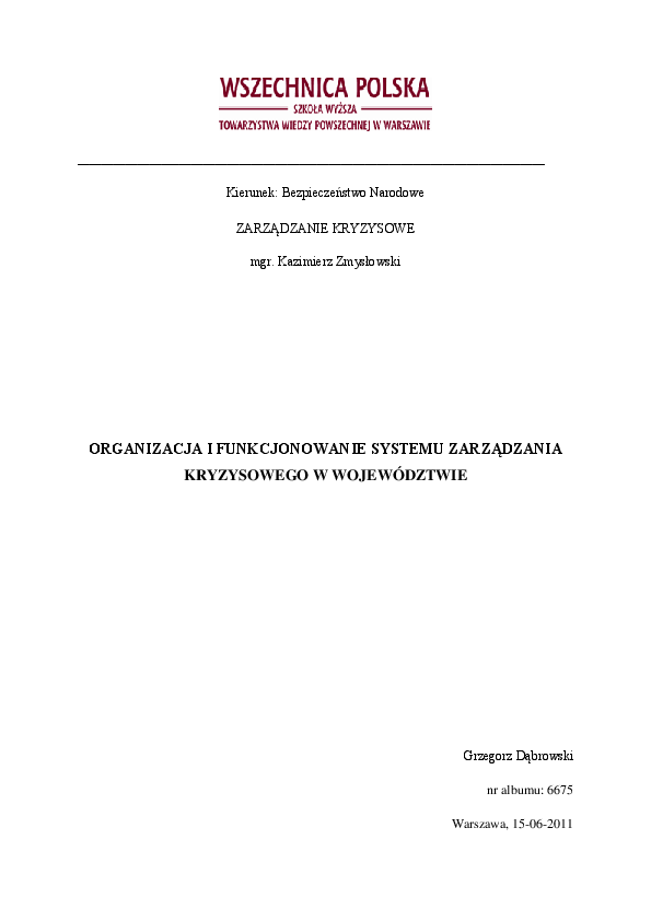 First page of “ ORGANIZACJA I FUNKCJONOWANIE SYSTEMU ZARZĄDZANIA KRYZYSOWEGO W WOJEWÓDZTWIE”