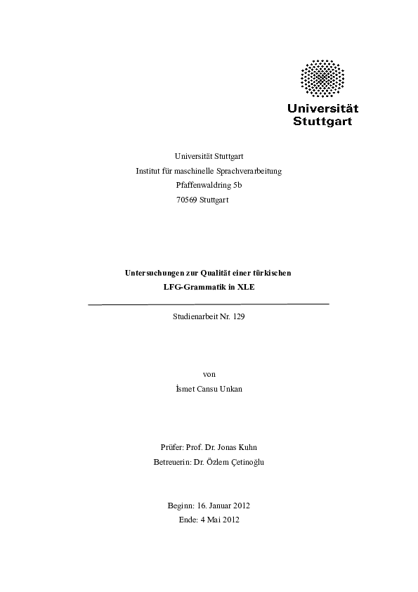 First page of “Untersuchungen zur Qualität einer türkischen LFG-Grammatik in XLE”