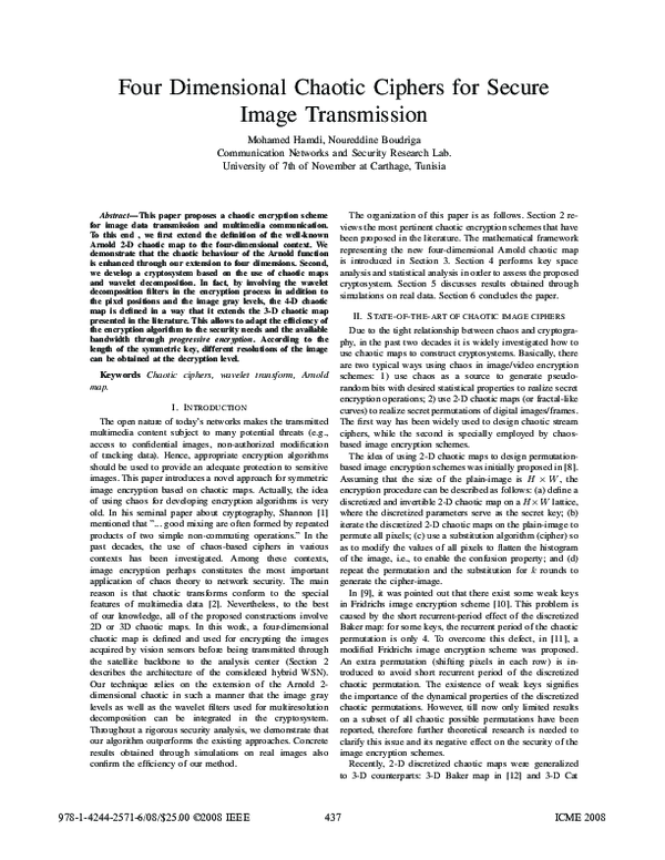 First page of “Four dimensional chaotic ciphers for secure image transmission”