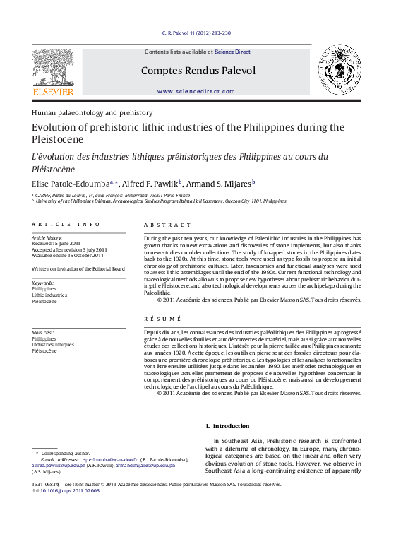 First page of “Evolution of prehistoric lithic industries of the Philippines during the Pleistocene”