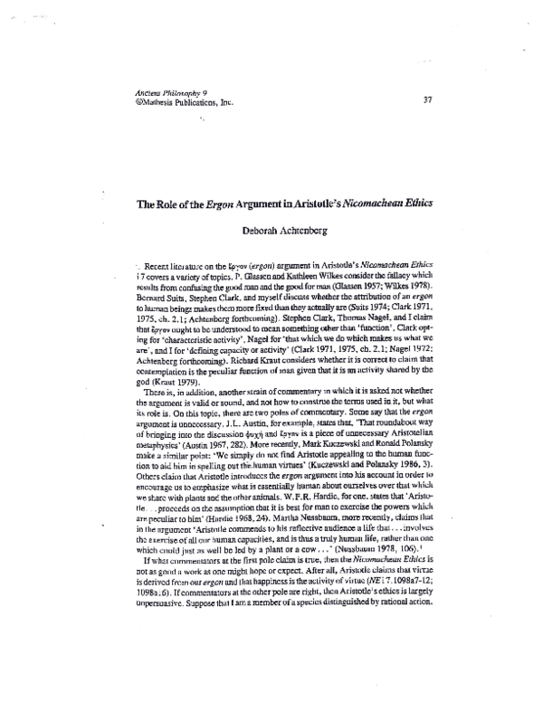 First page of “The Role of the Ergon Argument in Aristotle's Nicomachean Ethics, 1989”