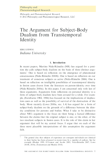 First page of “The Argument from Transtemporal-identity for Subject-Body Dualism”