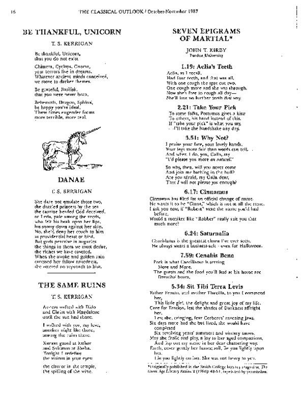 First page of “'Seven Epigrams of Martial,' translated by John T. Kirby”