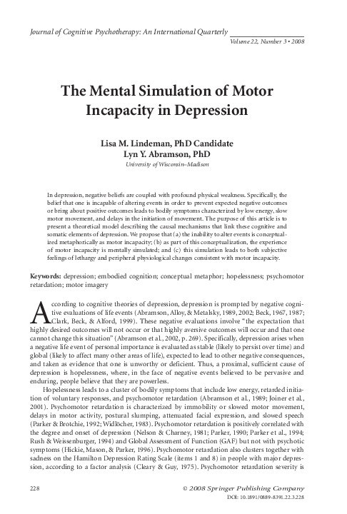 First page of “The Mental Simulation of Motor Incapacity in Depression”