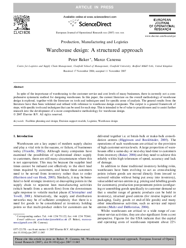 First page of “Production, Manufacturing and Logistics Warehouse design: A structured approach”