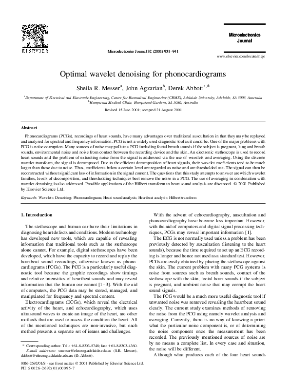 First page of “Optimal Wavelet Denoising for Phonocardiograms”