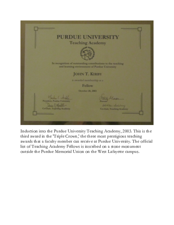 First page of “Induction into the Purdue University Teaching Academy. Award received 2003.”