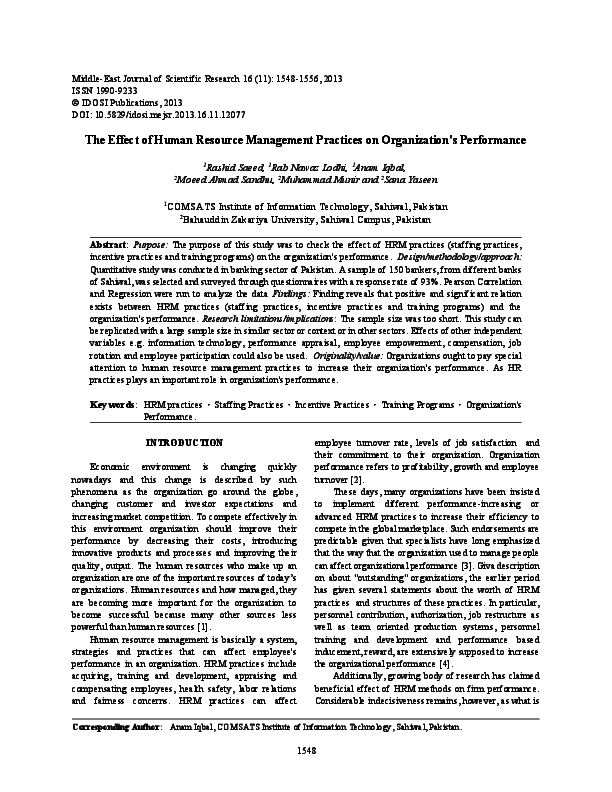 First page of “The Effect of Human Resource Management Practices on Organization's Performance”