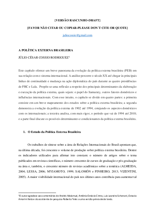 First page of “A Política Externa Brasileira  - Capítulo (Avelar & Cintra, 2014)”