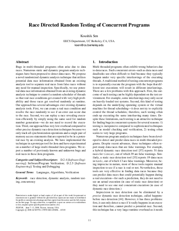 First page of “Race directed random testing of concurrent programs”