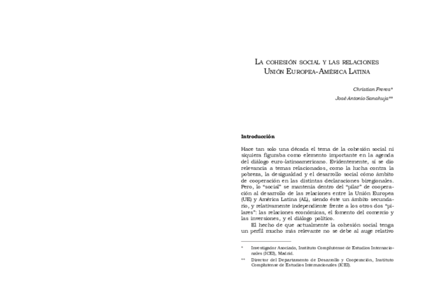 First page of “La cohesión social y las relaciones Unión Europea-América Latina”