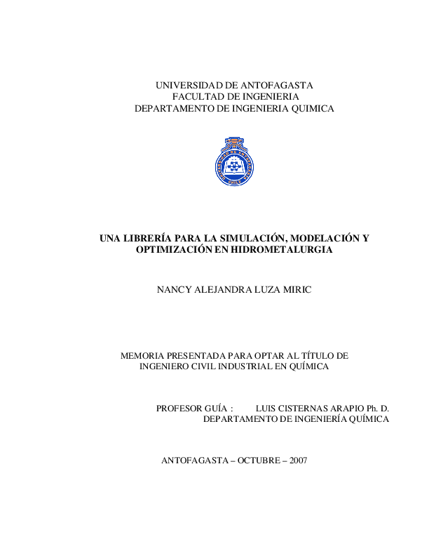 First page of “UNIVERSIDAD DE ANTOFAGASTA FACULTAD DE INGENIERIA DEPARTAMENTO DE INGENIERIA QUIMICA”