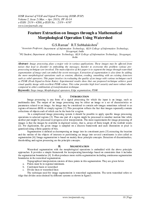 First page of “Feature Extraction on Images through a Mathematical Morphological Operation Using Watershed”