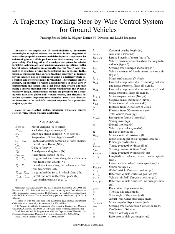 First page of “A Trajectory Tracking Steer-by-Wire Control System for Ground Vehicles”