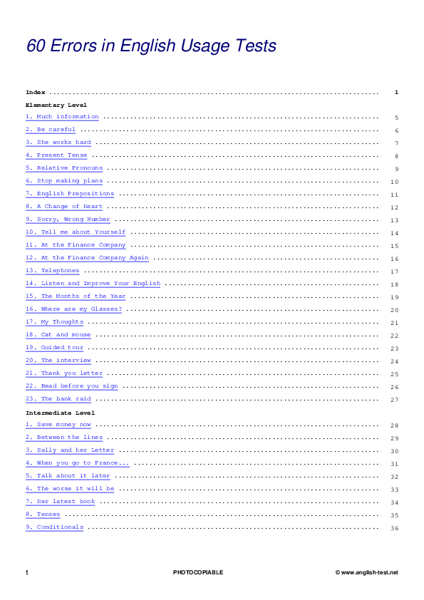 First page of “60 Errors in English Usage Tests”