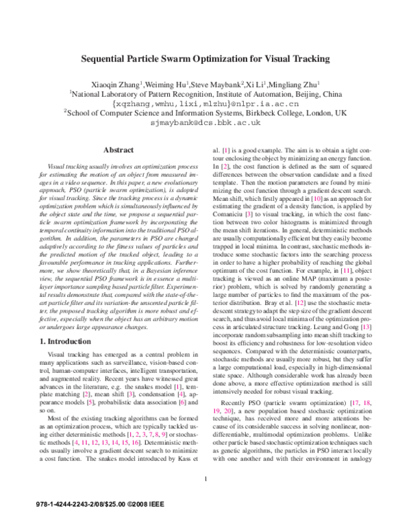 First page of “Sequential particle swarm optimization for visual tracking”