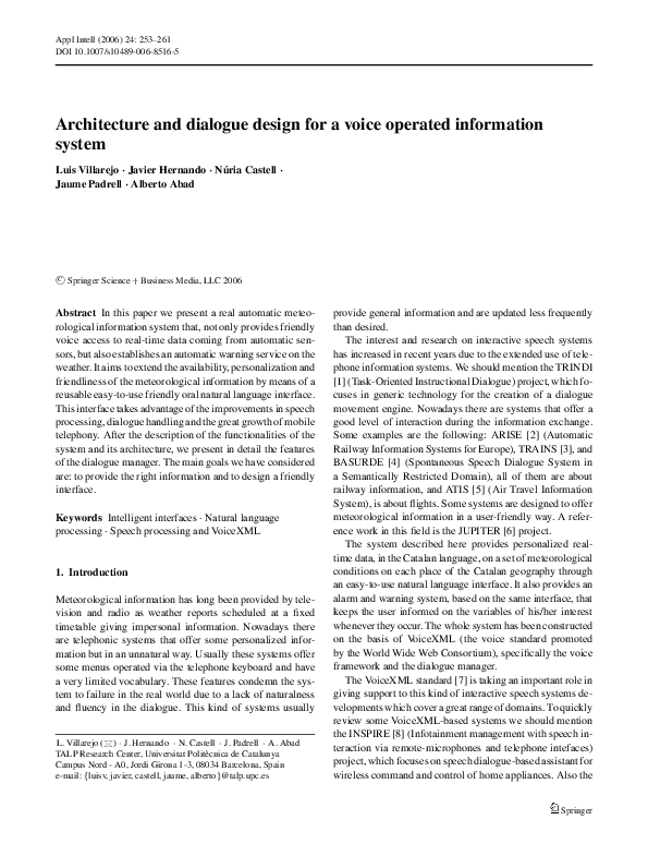 First page of “Architecture and dialogue design for a voice operated information system”