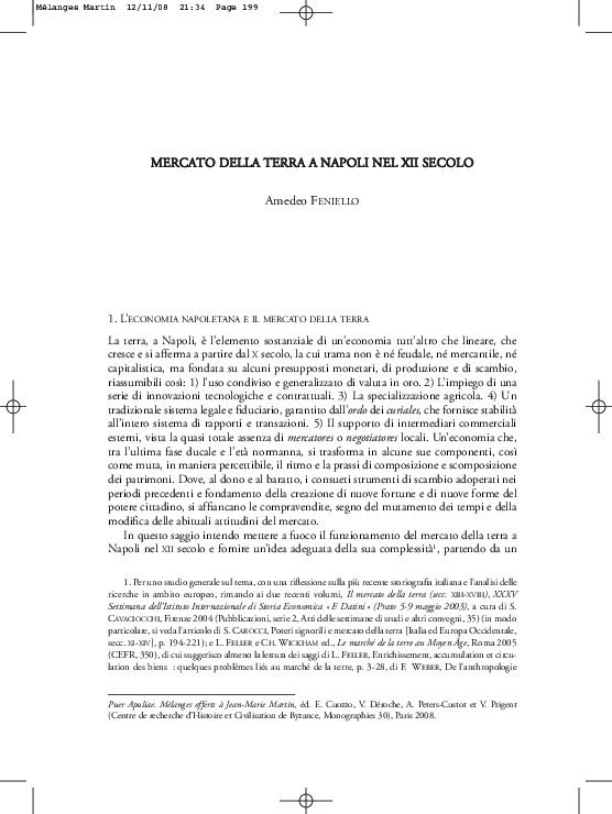 First page of “Mercato della terra a Napoli nel XII secolo”