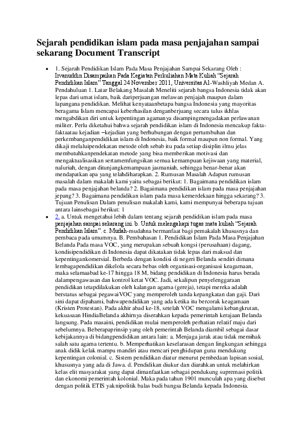 First page of “Sejarah pendidikan islam pada masa penjajahan sampai sekarang Document Transcript”