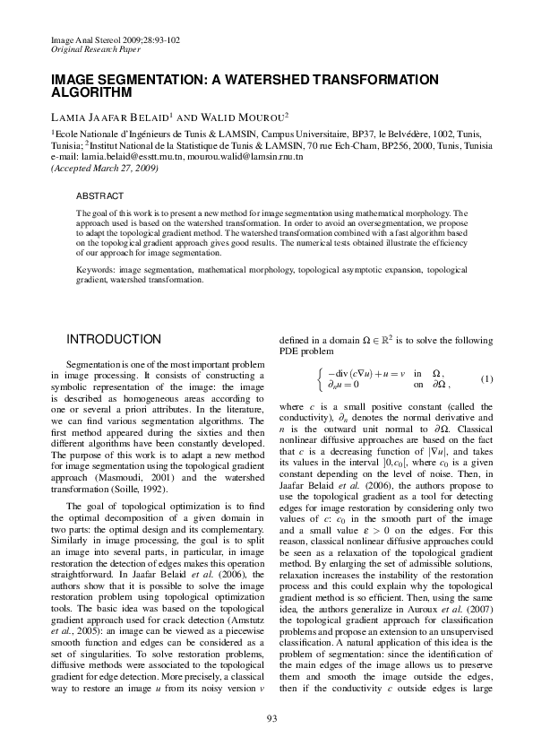 First page of “IMAGE SEGMENTATION: A WATERSHED TRANSFORMATION ALGORITHM”