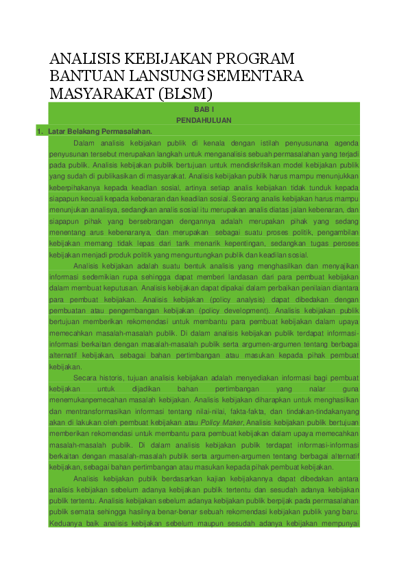 First page of “ANALISIS KEBIJAKAN PROGRAM BANTUAN LANSUNG SEMENTARA MASYARAKAT (BLSM”