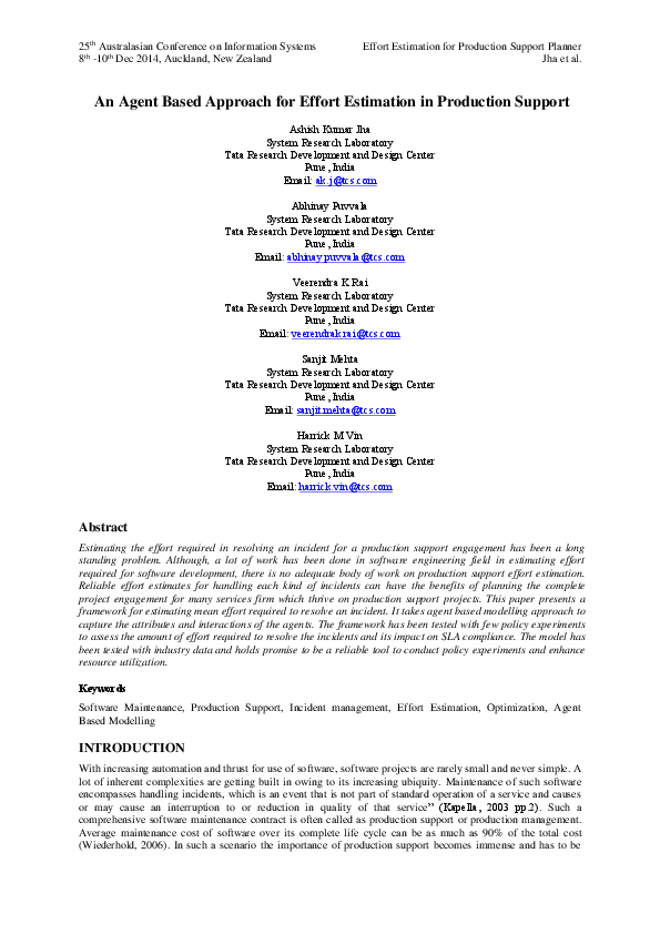 First page of “Agent Based Approach for Effort Estimation in Production Support”