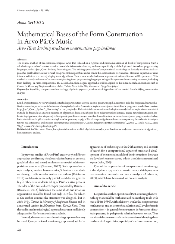 First page of “Mathematical Bases of the Form Construction in Arvo Pärt’s Music”