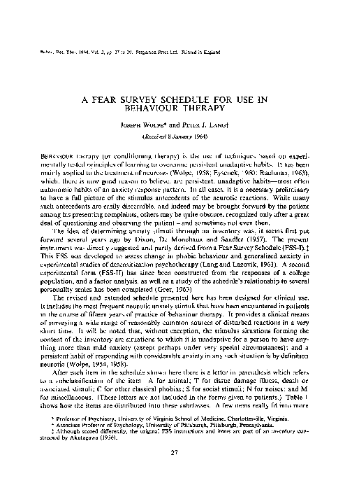 First page of “￼A FEAR SURVEY SCHEDULE FOR USE IN BEHAVIOUR THERAPY”