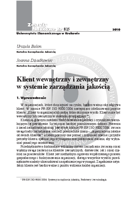 First page of “Klient wewnętrzny i zewnętrzny w systemie zarządzania jakością”