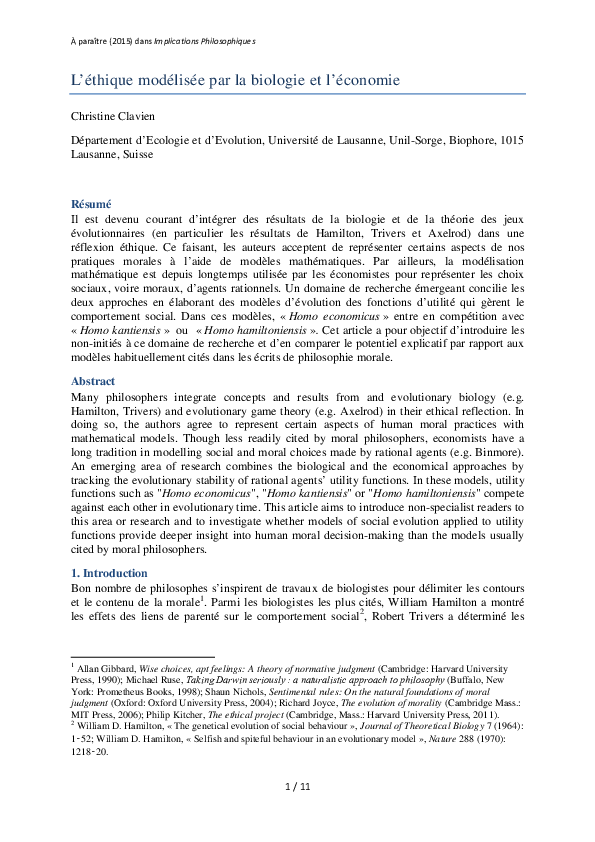 First page of “L’éthique modélisée par la biologie et l’économie”