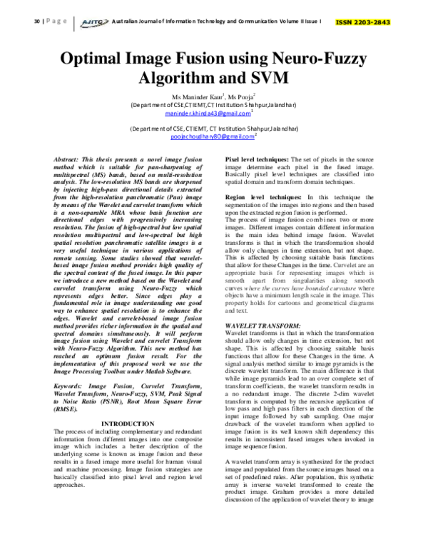 First page of “17.	Optimal Image Fusion using Neuro-Fuzzy Algorithm and SVM”