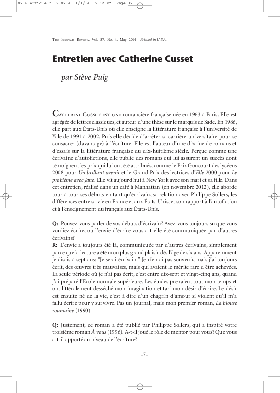 First page of “Entretien avec Catherine Cusset”