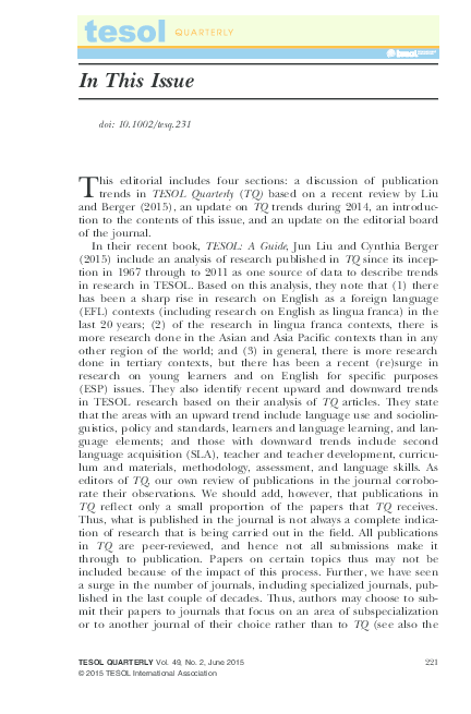 First page of “In this issue... TESOL Quarterly 49.2”