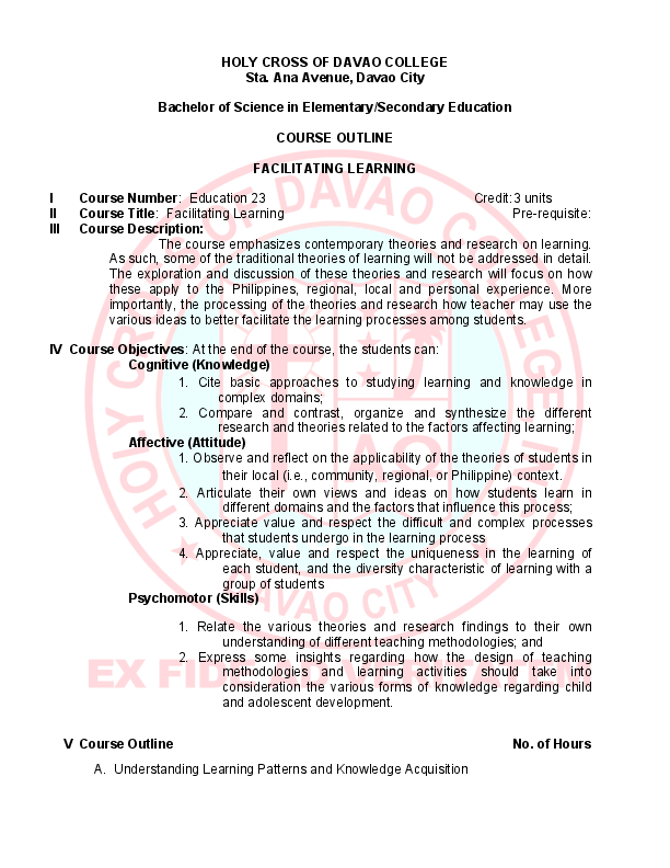 First page of “Course Title: Facilitating Learning Pre-requisite”