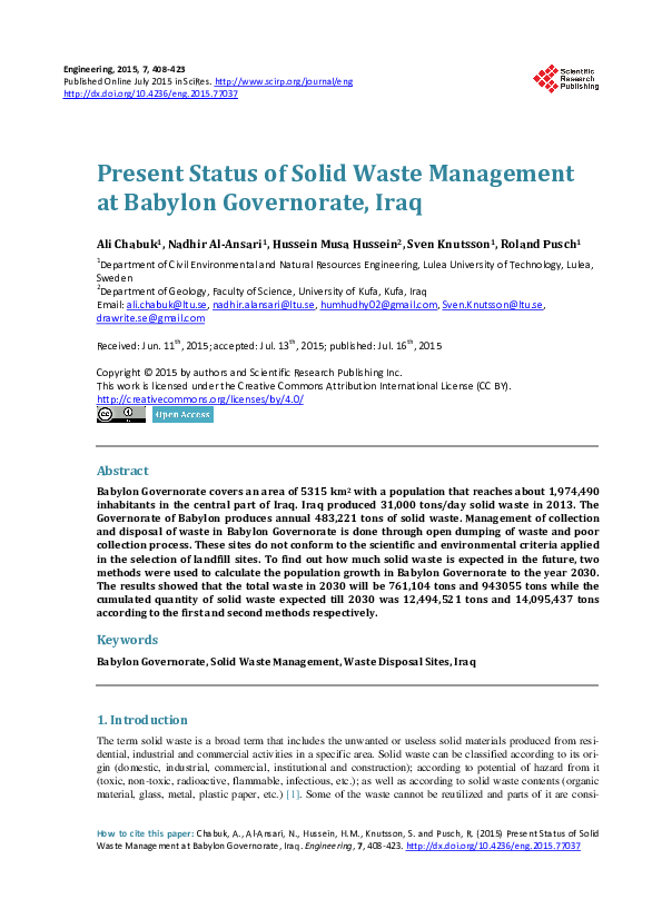 First page of “Present Status of Solid Waste Management at Babylon Governorate, Iraq”