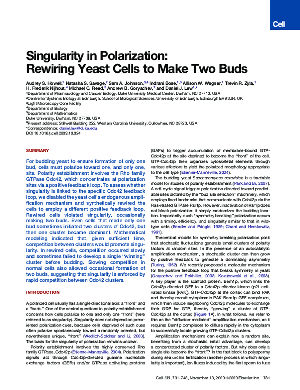 First page of “Singularity in Polarization: Rewiring Yeast Cells to Make Two Buds”