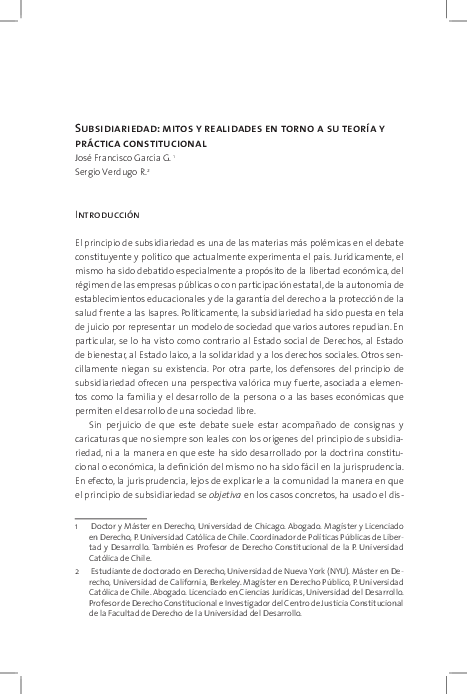 First page of “Subsidiariedad. Mitos y Realidades en Torno a su Práctica Constitucional”