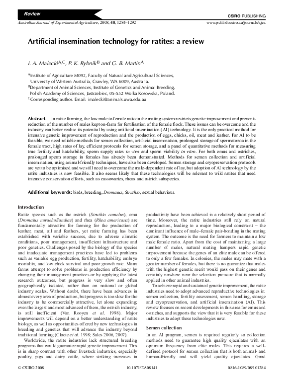 First page of “Artificial insemination technology for ratites: a review”