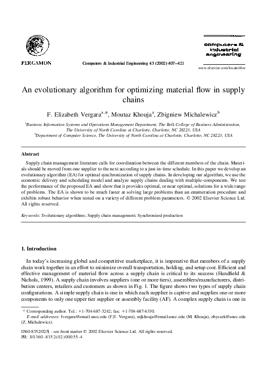 First page of “An Evolutionary Algorithm for Optimizing Material Flow In Supply Chains”