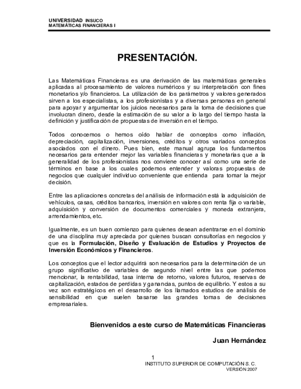 First page of “MANUAL DE MATEMATICAs financieras”