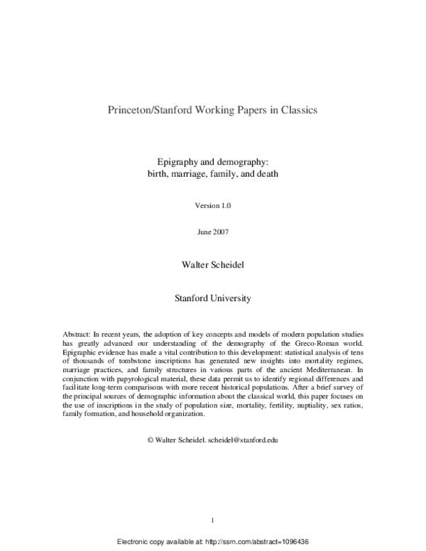 First page of “Epigraphy and Demography: Birth, Marriage, Family, and Death”