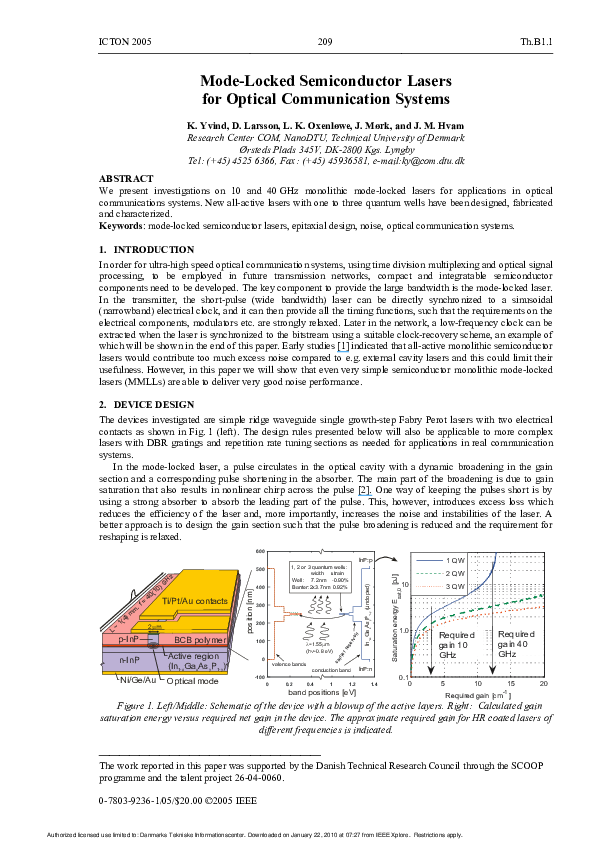 First page of “Mode-locked semiconductor lasers for optical communication systems”