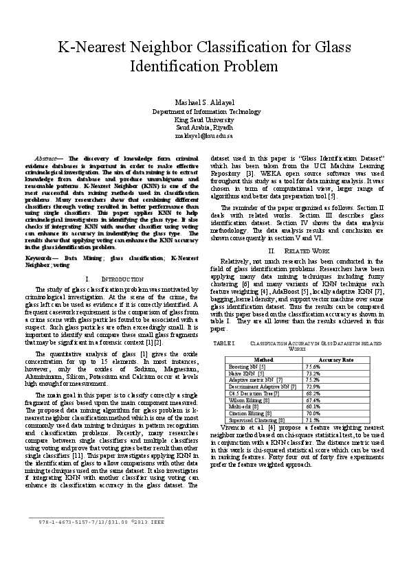 First page of “K-Nearest Neighbor Classification for Glass Identification Problem”