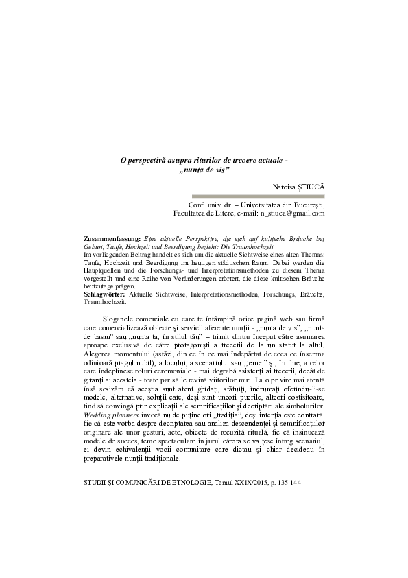 First page of “O perspectivă asupra riturilor de trecere actuale -   „nunta de vis””