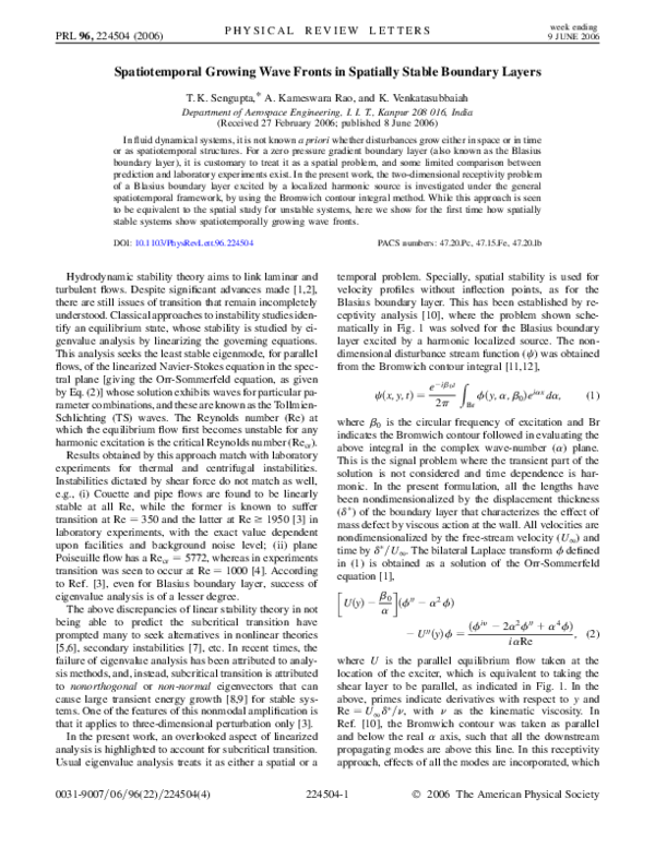 First page of “Spatiotemporal Growing Wave Fronts in Spatilly Stable Boundary Layers”