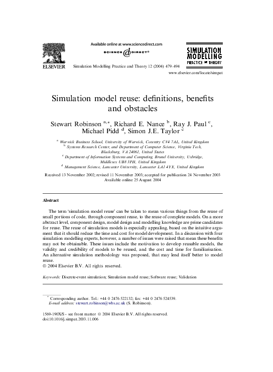 First page of “Simulation model reuse: definitions, benefits and obstacles”