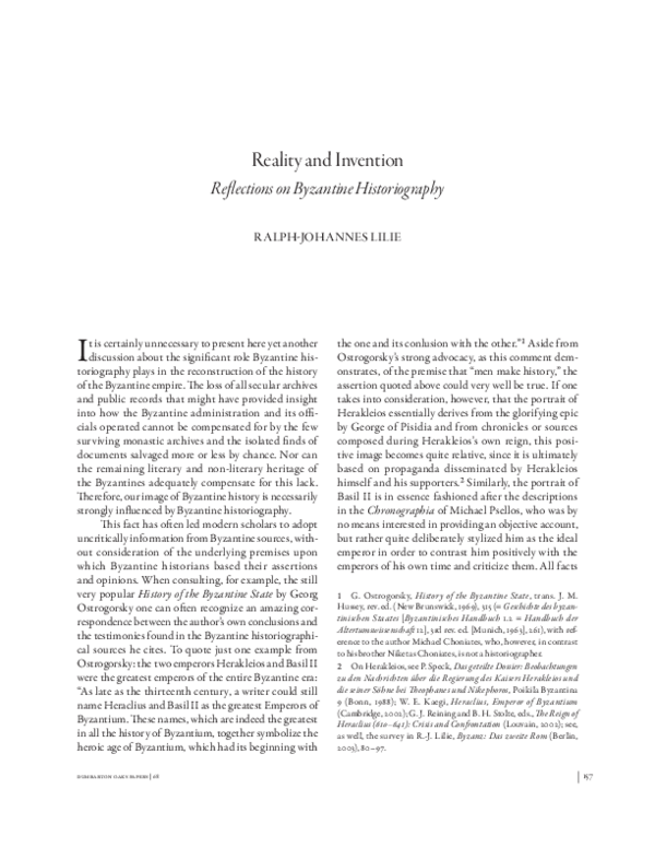 First page of “Reality and Invention. Reflections on Byzantine Historiography”