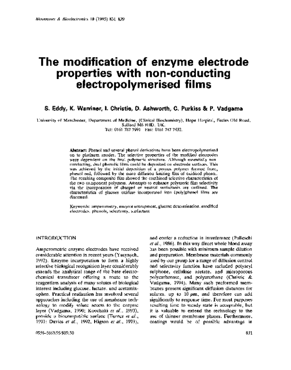 First page of “The modification of enzyme electrode properties with non-conducting electropolymerised films”