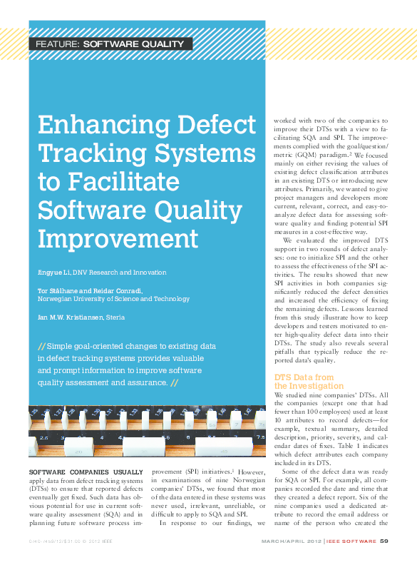 First page of “Enhancing Defect Tracking Systems to Facilitate Software Quality Improvement”